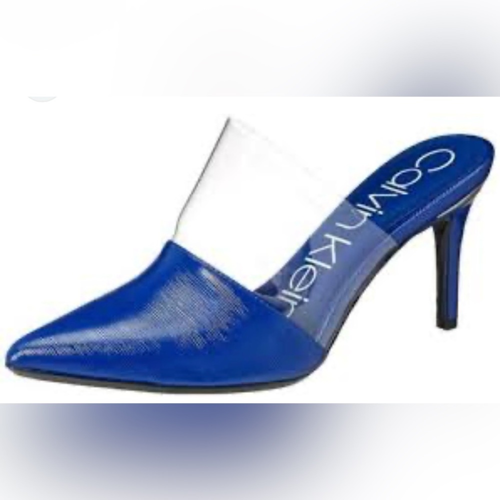 Calvin Klein Gracyie Blue Pointed Toe Clear Vinyl Strap Mules 3.5” heel, Size 8.